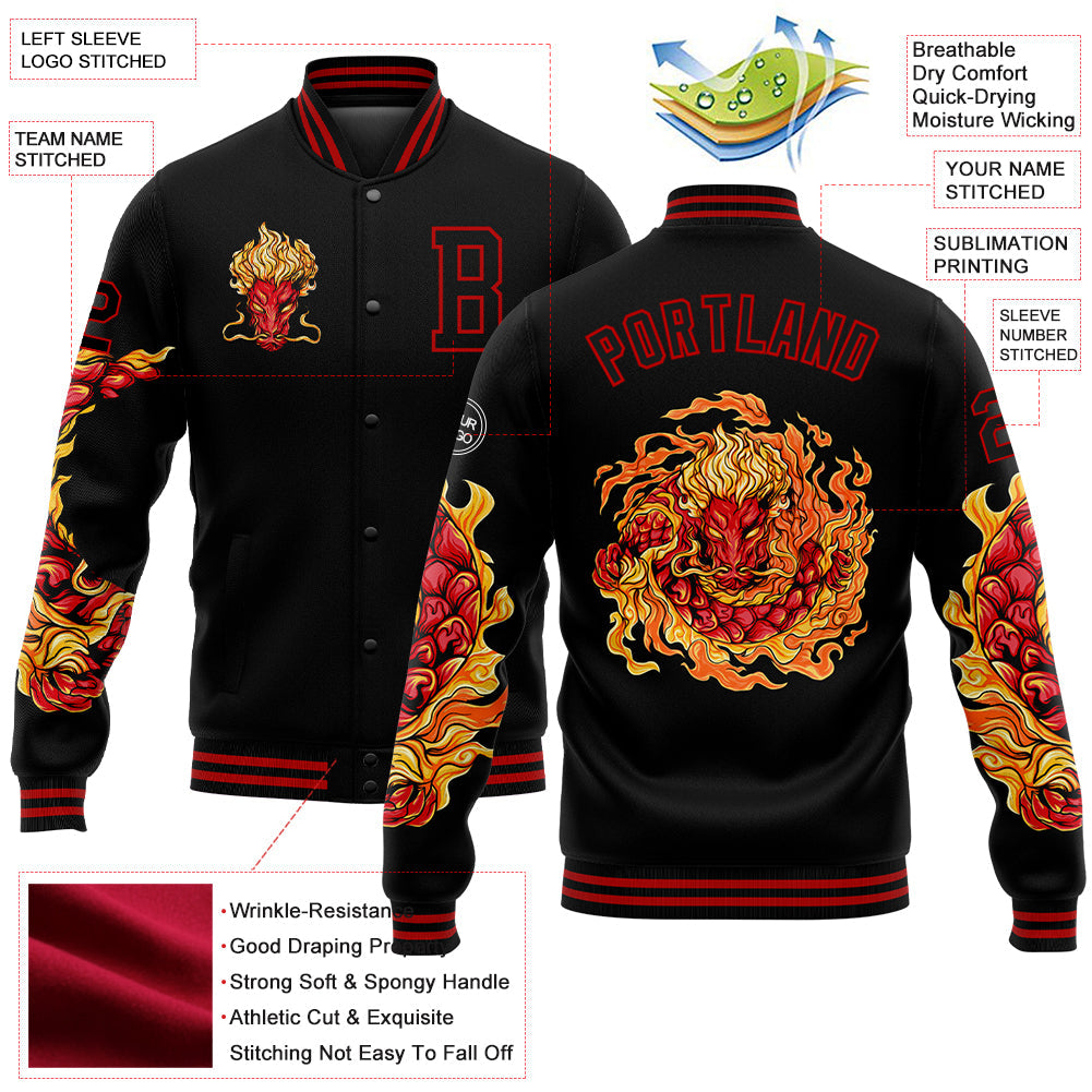 Custom Black Red Dragon 3D Pattern Design Bomber Full-Snap Varsity Letterman Jacket view 5
