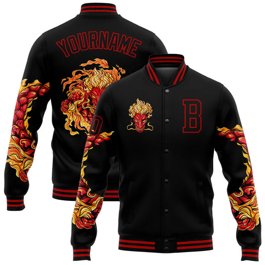 Custom Black Red Dragon 3D Pattern Design Bomber Full-Snap Varsity Letterman Jacket - Main View