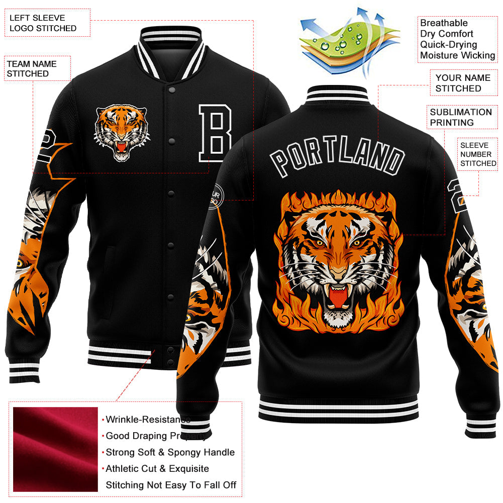 Custom Black White Tiger 3D Pattern Design Bomber Full-Snap Varsity Letterman Jacket view 5