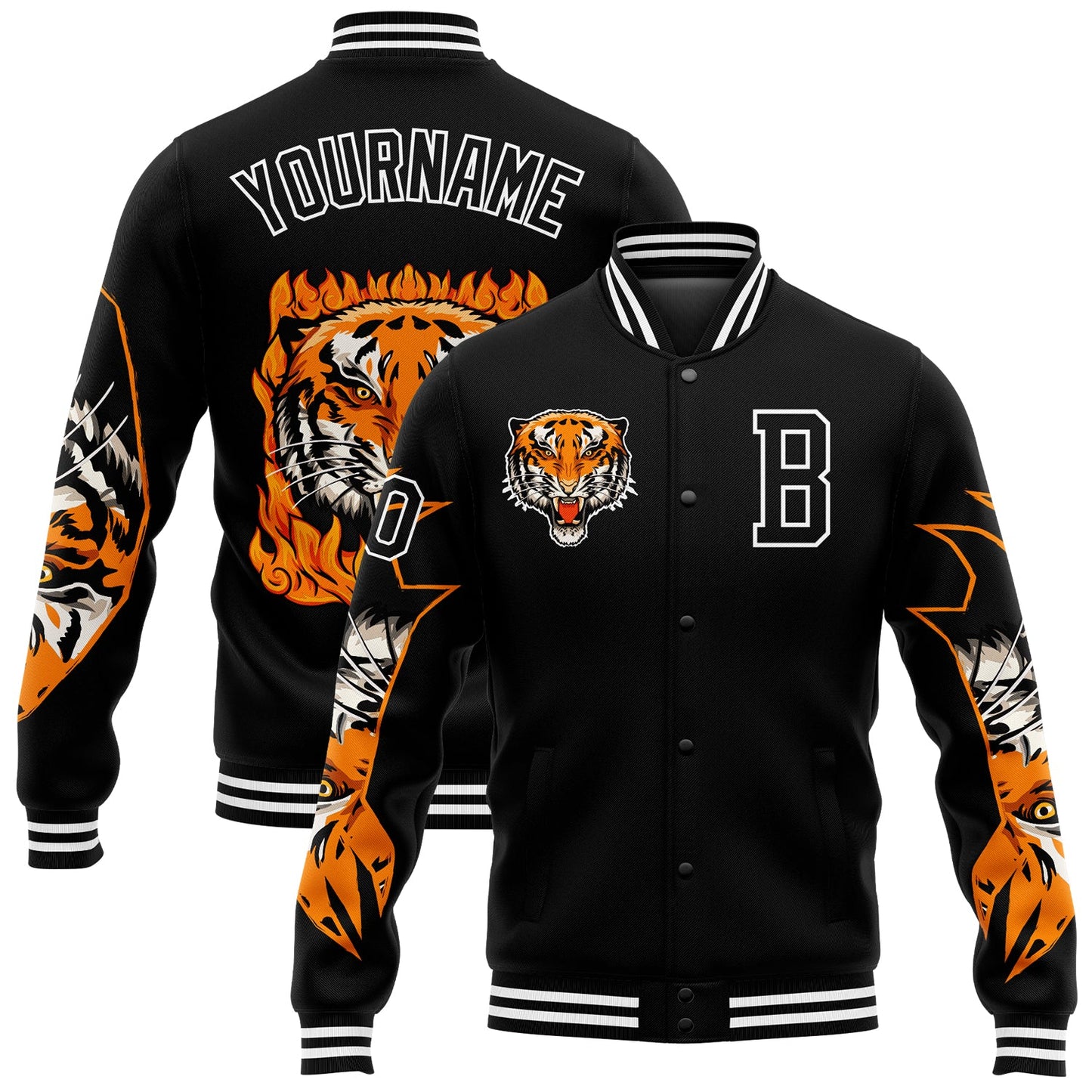Custom Black White Tiger 3D Pattern Design Bomber Full-Snap Varsity Letterman Jacket - Main View