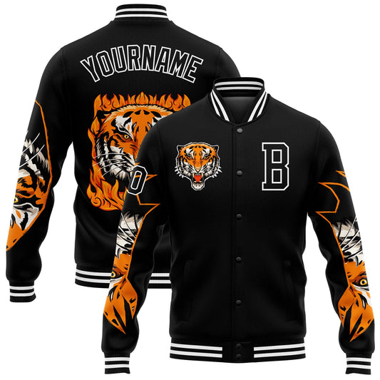 Custom Black White Tiger 3D Pattern Design Bomber Full-Snap Varsity Letterman Jacket - Main View