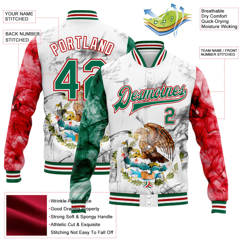 Custom White Kelly Green-Red Mexico 3D Bomber Full-Snap Varsity Letterman Jacket view 5