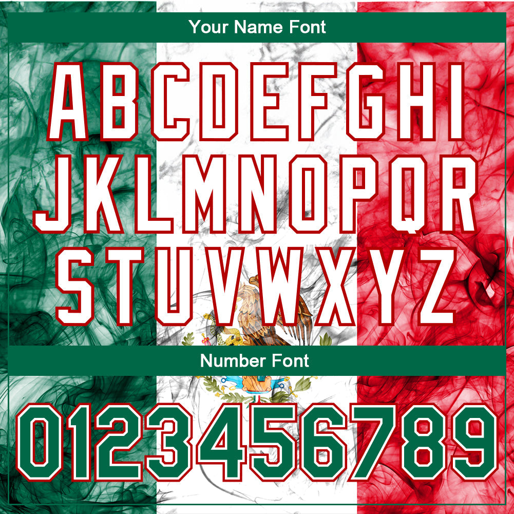 Custom White Kelly Green-Red Mexico 3D Bomber Full-Snap Varsity Letterman Jacket view 7