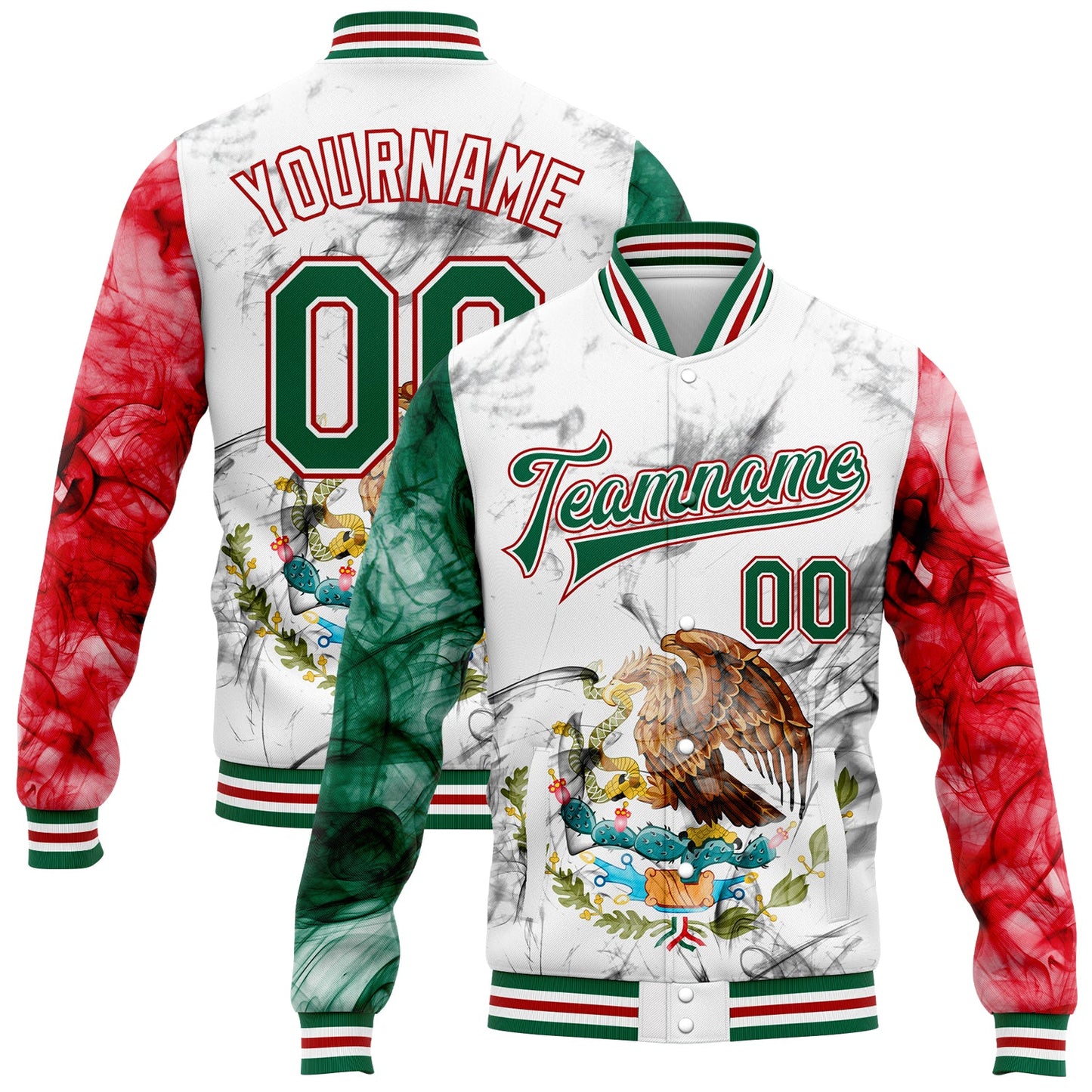 Custom White Kelly Green-Red Mexico 3D Bomber Full-Snap Varsity Letterman Jacket - Main View