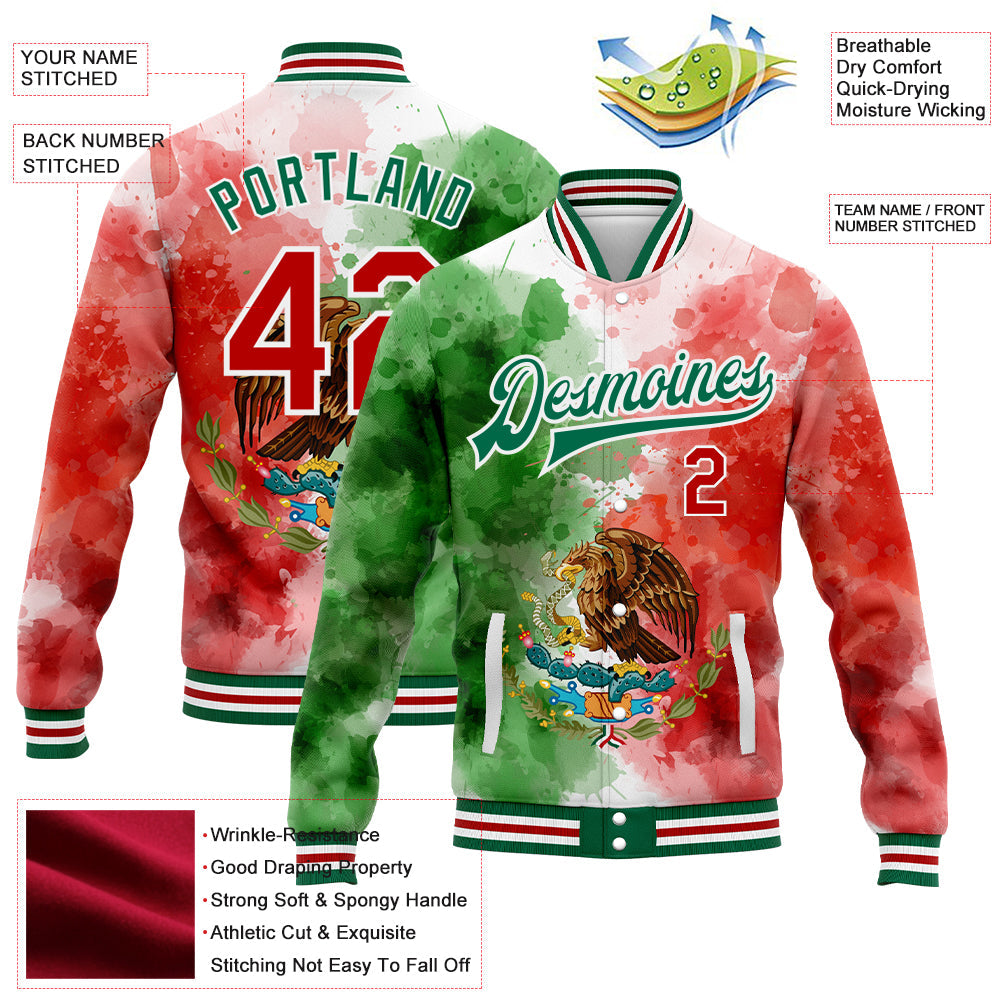 Custom Kelly Green Red-White Mexico Watercolored Splashes Grunge Design 3D Bomber Full-Snap Varsity Letterman Jacket view 5