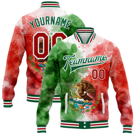 Custom Kelly Green Red-White Mexico Watercolored Splashes Grunge Design 3D Bomber Full-Snap Varsity Letterman Jacket - Main View