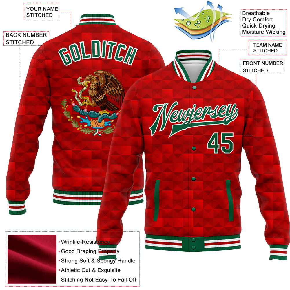 Custom Red Kelly Green-White Mexico 3D Bomber Full-Snap Varsity Letterman Jacket view 5