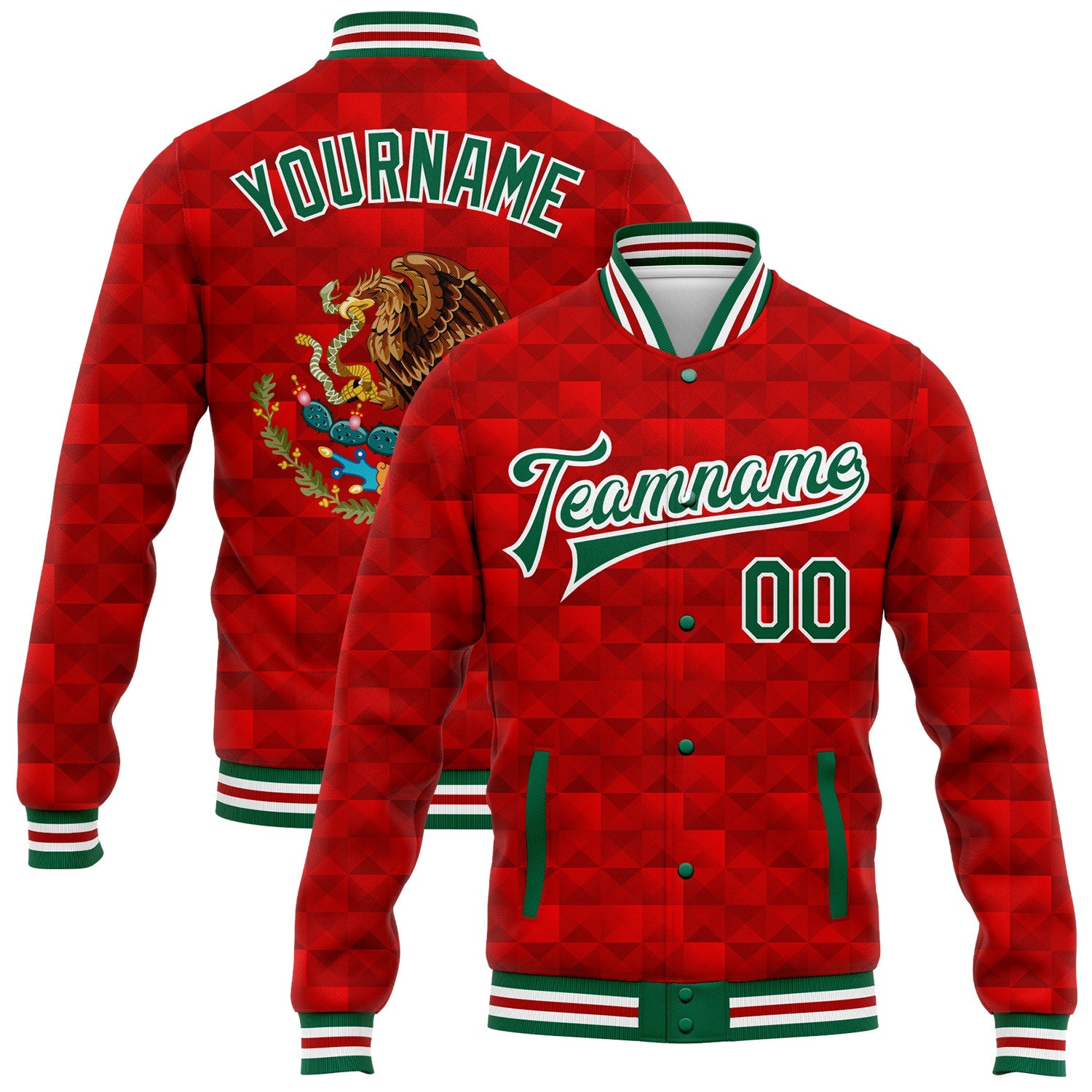 Custom Red Kelly Green-White Mexico 3D Bomber Full-Snap Varsity Letterman Jacket - Main View