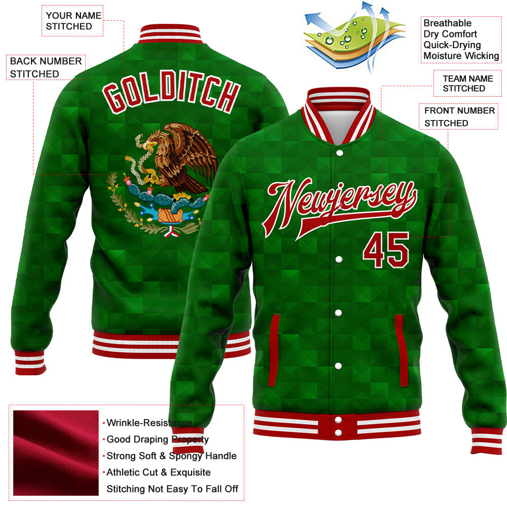 Custom Kelly Green Red-White Mexico 3D Bomber Full-Snap Varsity Letterman Jacket view 5