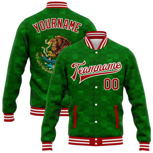 Custom Kelly Green Red-White Mexico 3D Bomber Full-Snap Varsity Letterman Jacket - Main View