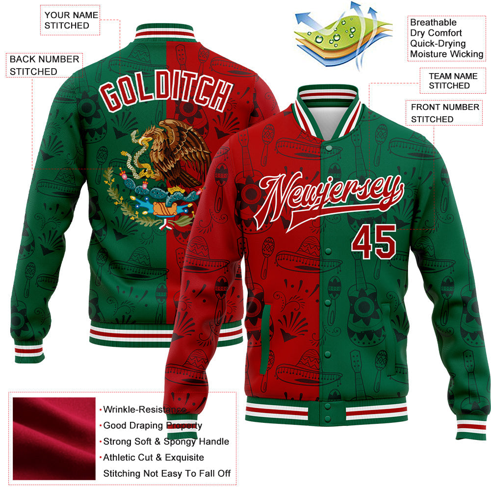 Custom Kelly Green Red-White Mexico 3D Bomber Full-Snap Varsity Letterman Jacket view 5