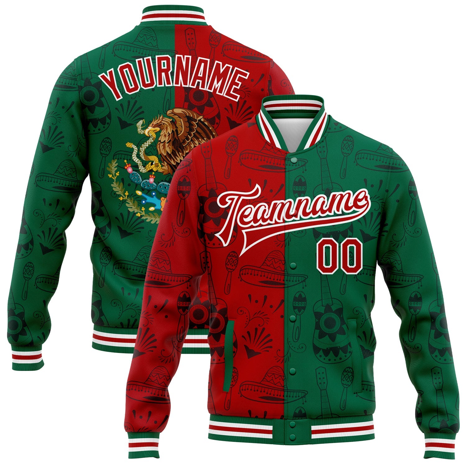 Custom Kelly Green Red-White Mexico 3D Bomber Full-Snap Varsity Letterman Jacket - Main View