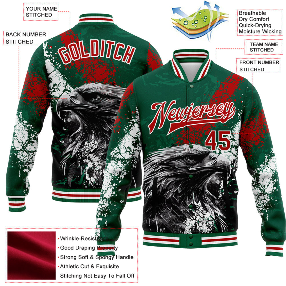 Custom Kelly Green Red-White Eagle Mexico 3D Bomber Full-Snap Varsity Letterman Jacket view 5