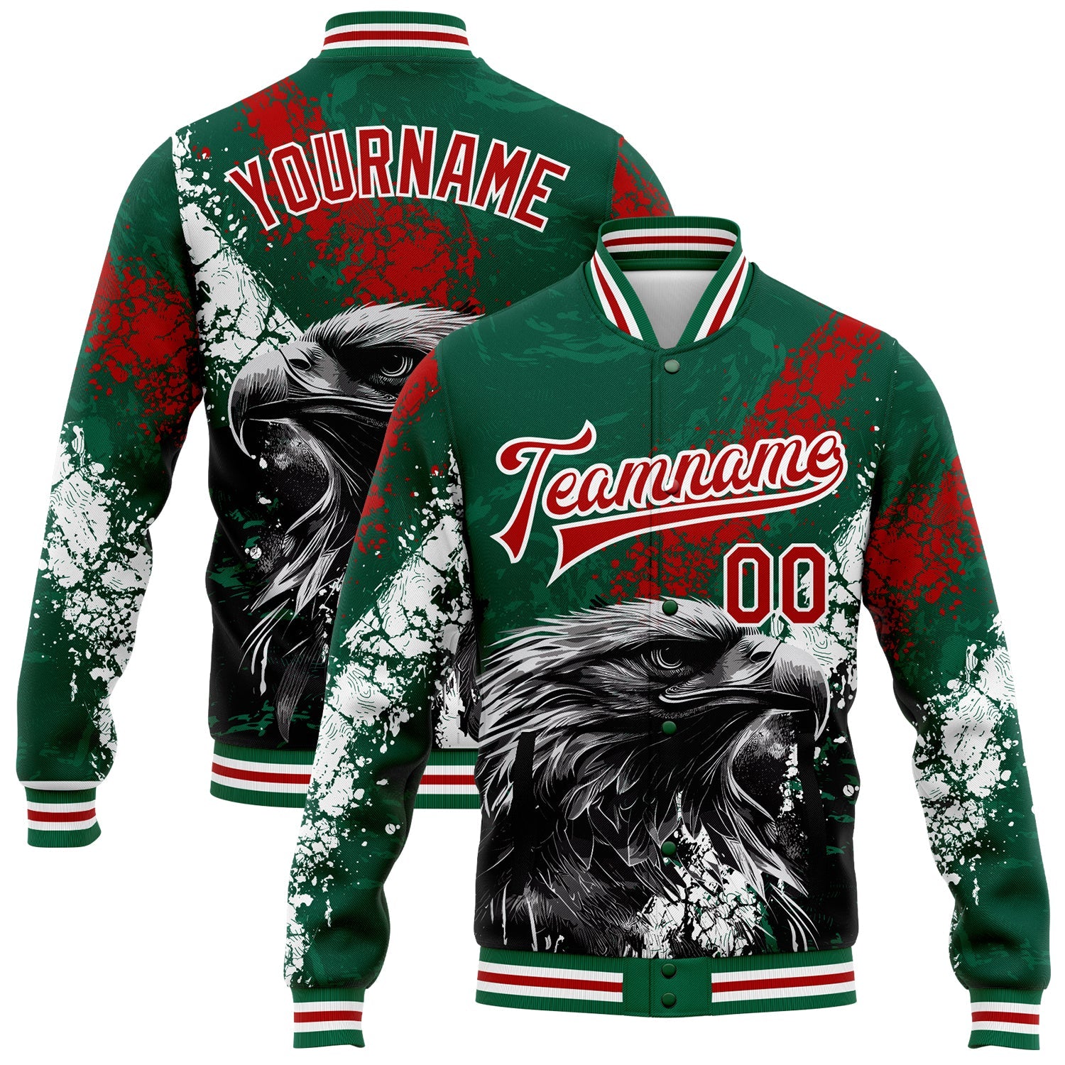 Custom Kelly Green Red-White Eagle Mexico 3D Bomber Full-Snap Varsity Letterman Jacket - Main View
