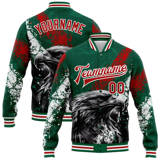 Custom Kelly Green Red-White Eagle Mexico 3D Bomber Full-Snap Varsity Letterman Jacket - Main View