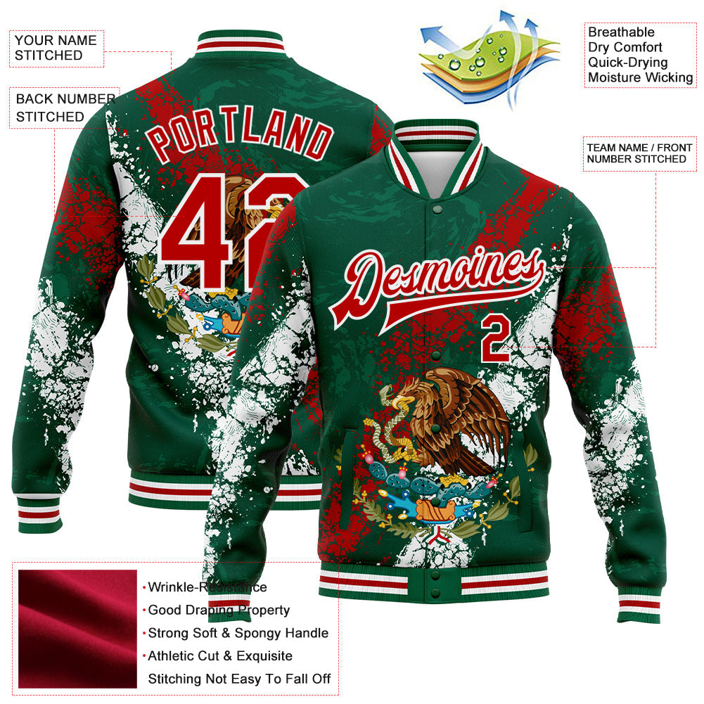 Custom Kelly Green Red-White Mexico 3D Bomber Full-Snap Varsity Letterman Jacket view 5