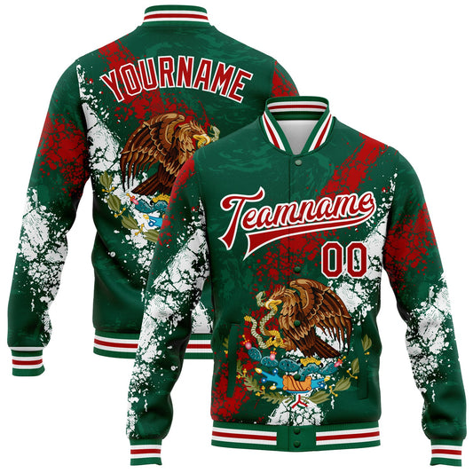 Custom Kelly Green Red-White Mexico 3D Bomber Full-Snap Varsity Letterman Jacket - Main View