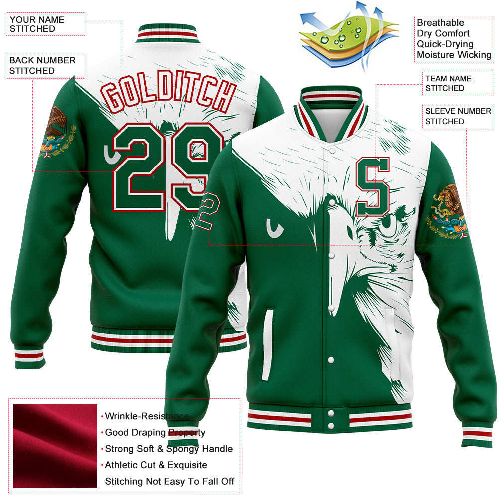 Custom Kelly Green White-Red Eagle Mexico 3D Bomber Full-Snap Varsity Letterman Jacket view 5