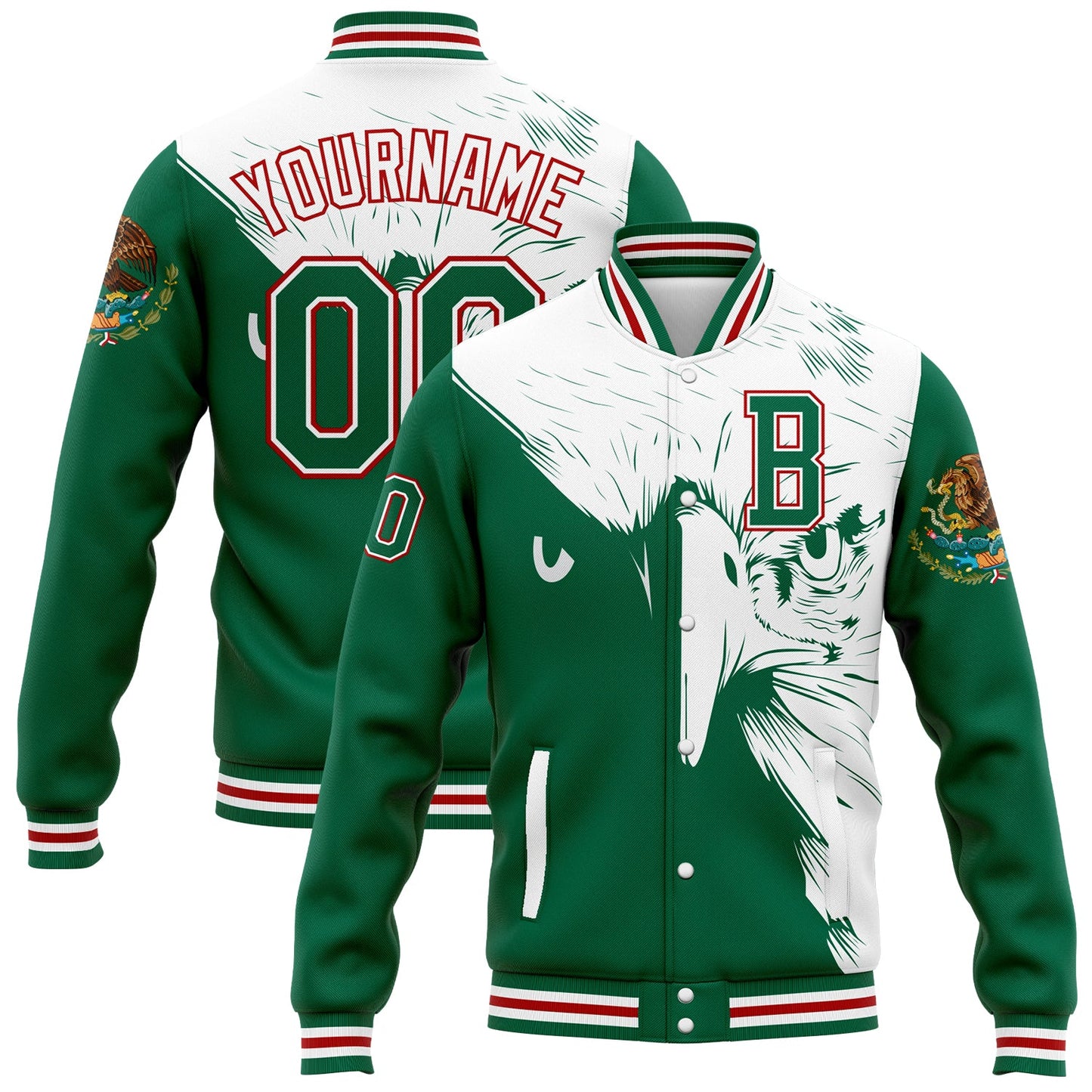 Custom Kelly Green White-Red Eagle Mexico 3D Bomber Full-Snap Varsity Letterman Jacket - Main View