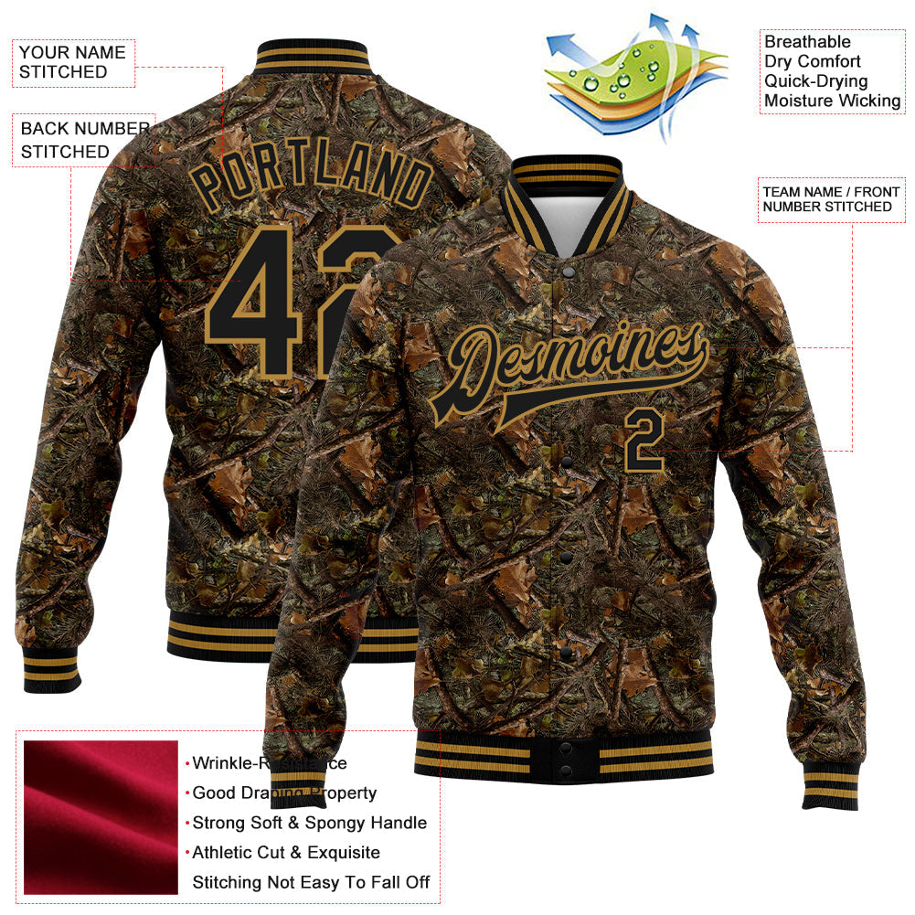 Custom Camo Black-Old Gold Realistic Forest Camouflage 3D Bomber Full-Snap Varsity Letterman Salute To Service Jacket view 5