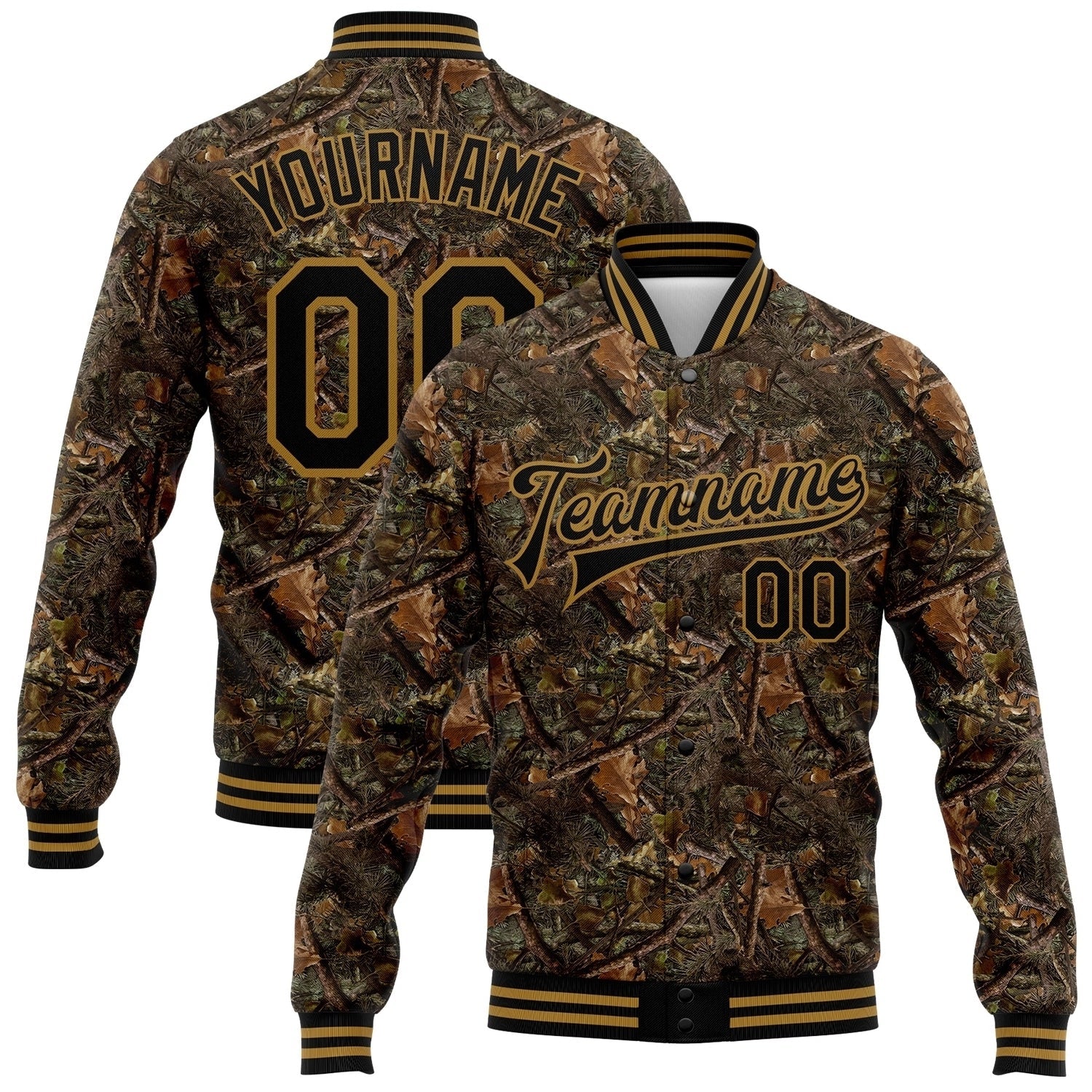 Custom Camo Black-Old Gold Realistic Forest Camouflage 3D Bomber Full-Snap Varsity Letterman Salute To Service Jacket - Main View