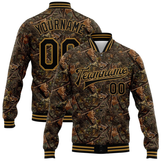Custom Camo Black-Old Gold Realistic Forest Camouflage 3D Bomber Full-Snap Varsity Letterman Salute To Service Jacket - Main View