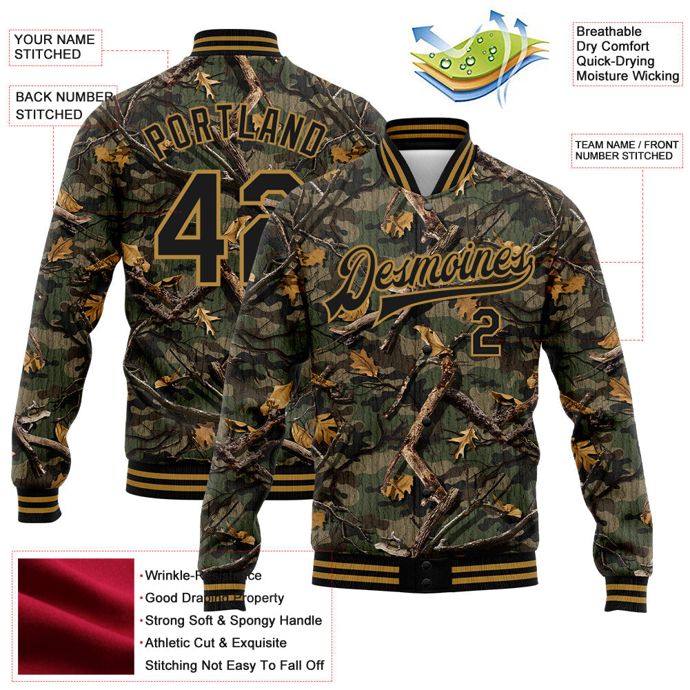 Custom Camo Black-Old Gold Classic Wood Camouflage 3D Bomber Full-Snap Varsity Letterman Salute To Service Jacket view 5