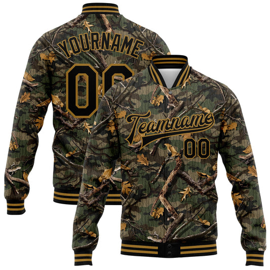 Custom Camo Black-Old Gold Classic Wood Camouflage 3D Bomber Full-Snap Varsity Letterman Salute To Service Jacket - Main View
