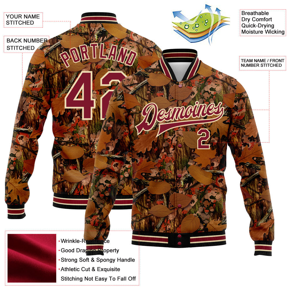 Custom Camo Crimson City Cream-Black Realistic Forest Camouflage 3D Bomber Full-Snap Varsity Letterman Salute To Service Jacket view 5
