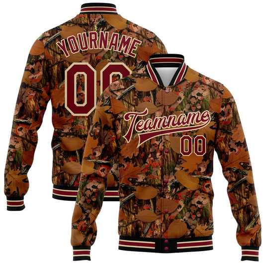 Custom Camo Crimson City Cream-Black Realistic Forest Camouflage 3D Bomber Full-Snap Varsity Letterman Salute To Service Jacket - Main View