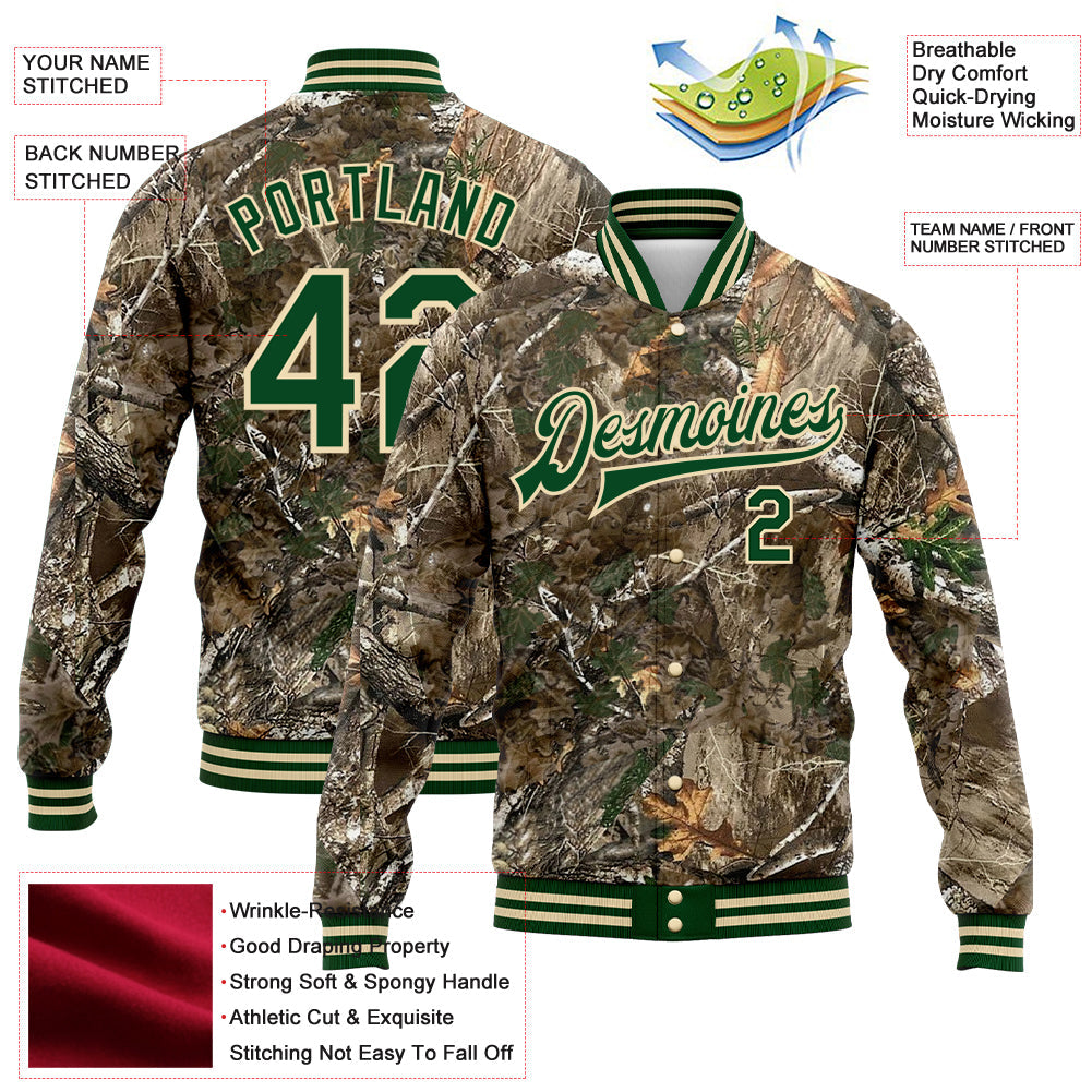 Custom Camo Green-Cream Realistic Forest Camouflage 3D Bomber Full-Snap Varsity Letterman Salute To Service Jacket view 5