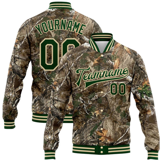 Custom Camo Green-Cream Realistic Forest Camouflage 3D Bomber Full-Snap Varsity Letterman Salute To Service Jacket - Main View