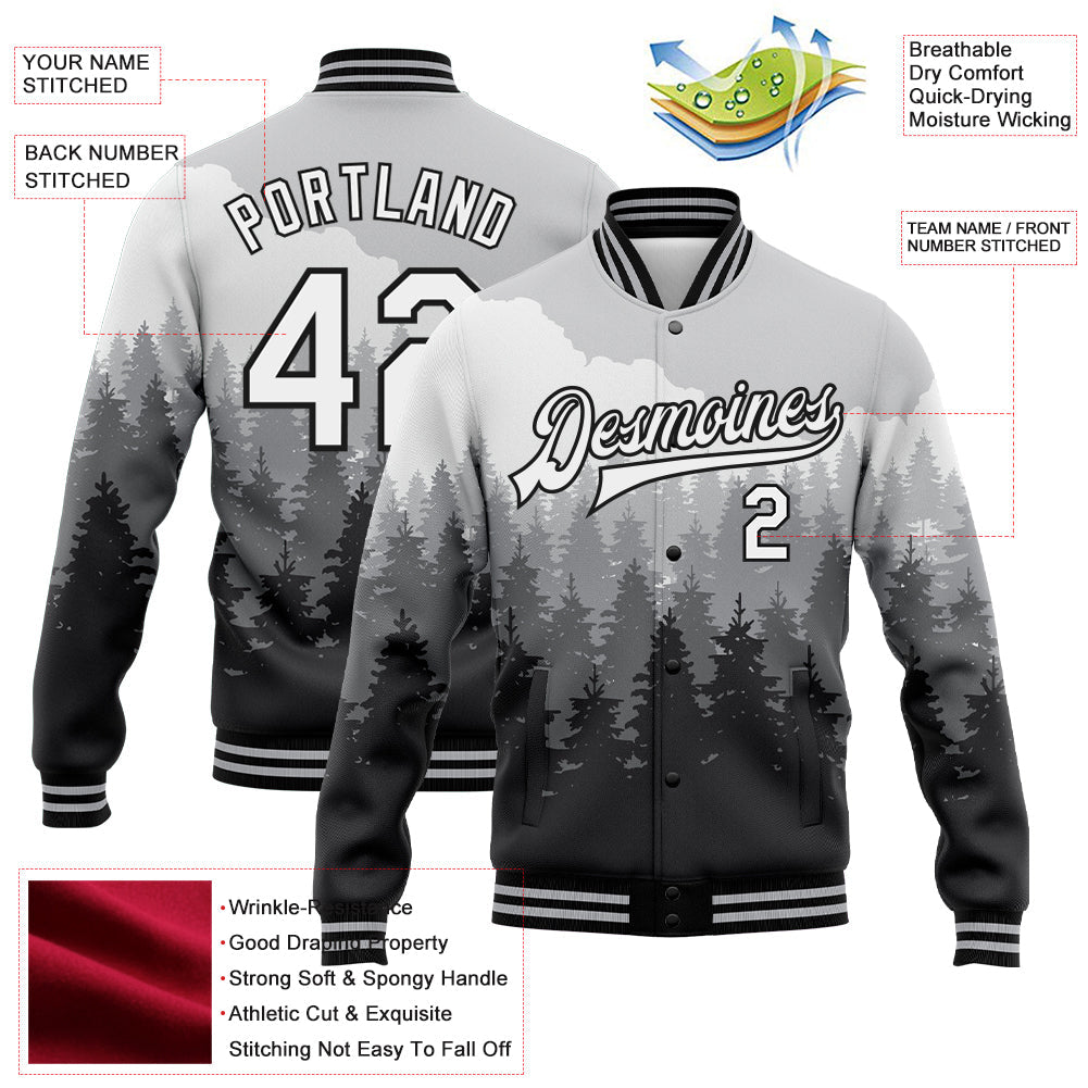 Custom Gray White-Black Watercolor Forest With Fog 3D Pattern Design Bomber Full-Snap Varsity Letterman Jacket view 5