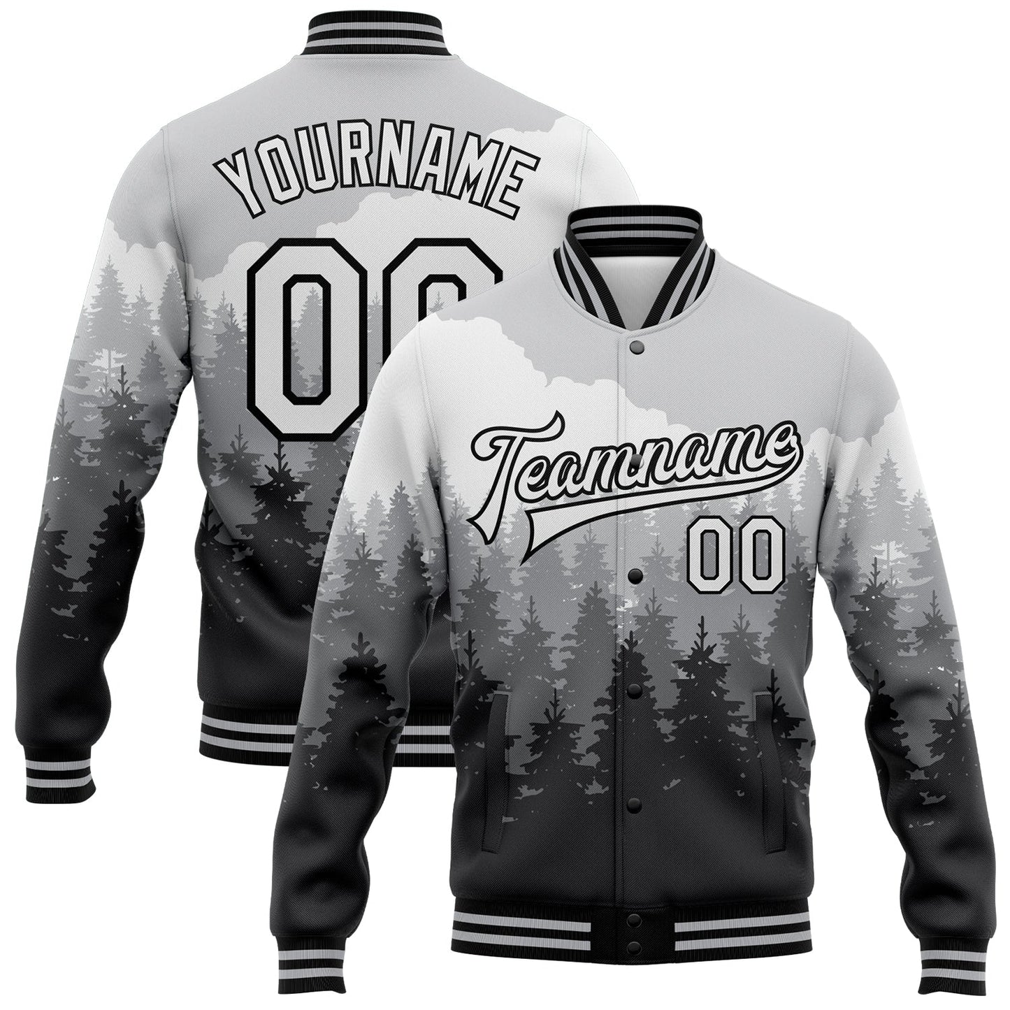 Custom Gray White-Black Watercolor Forest With Fog 3D Pattern Design Bomber Full-Snap Varsity Letterman Jacket - Main View