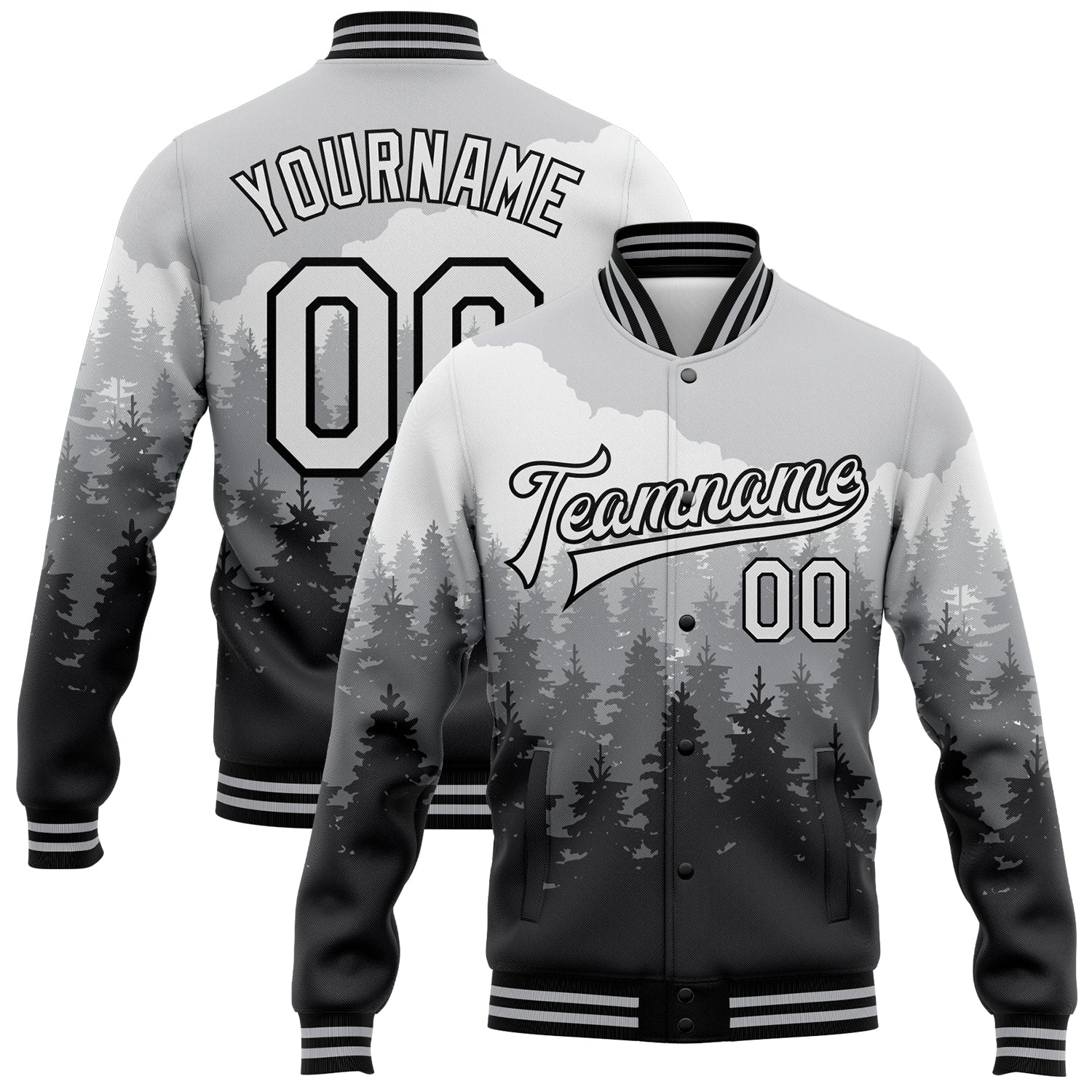 Custom Gray White-Black Watercolor Forest With Fog 3D Pattern Design Bomber Full-Snap Varsity Letterman Jacket - Main View