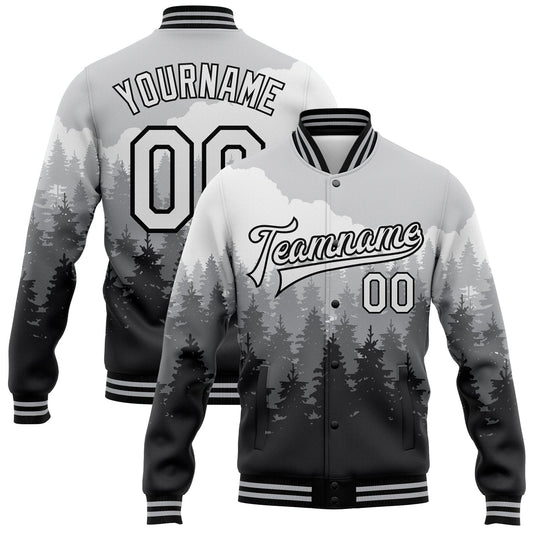 Custom Gray White-Black Watercolor Forest With Fog 3D Pattern Design Bomber Full-Snap Varsity Letterman Jacket - Main View