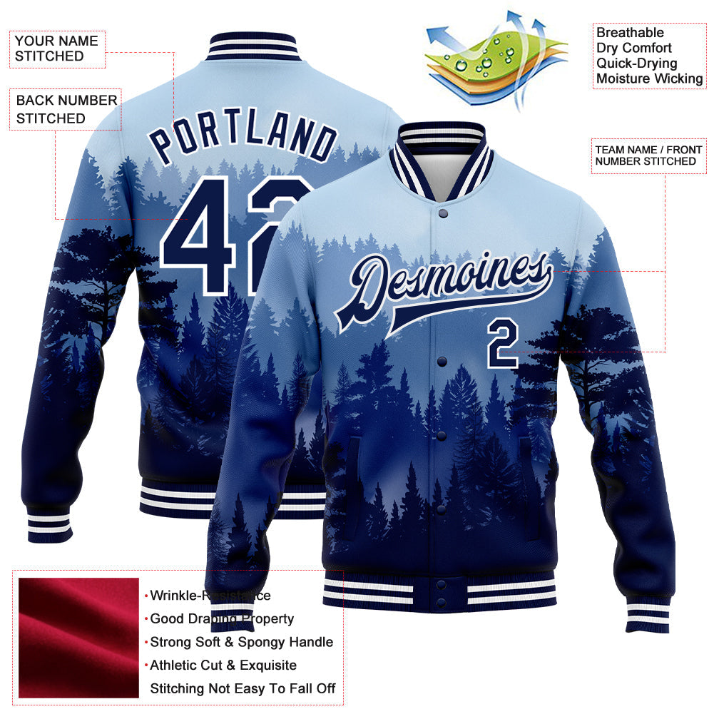 Custom Royal Navy-White Pine Forest With Fog 3D Pattern Design Bomber Full-Snap Varsity Letterman Jacket view 5