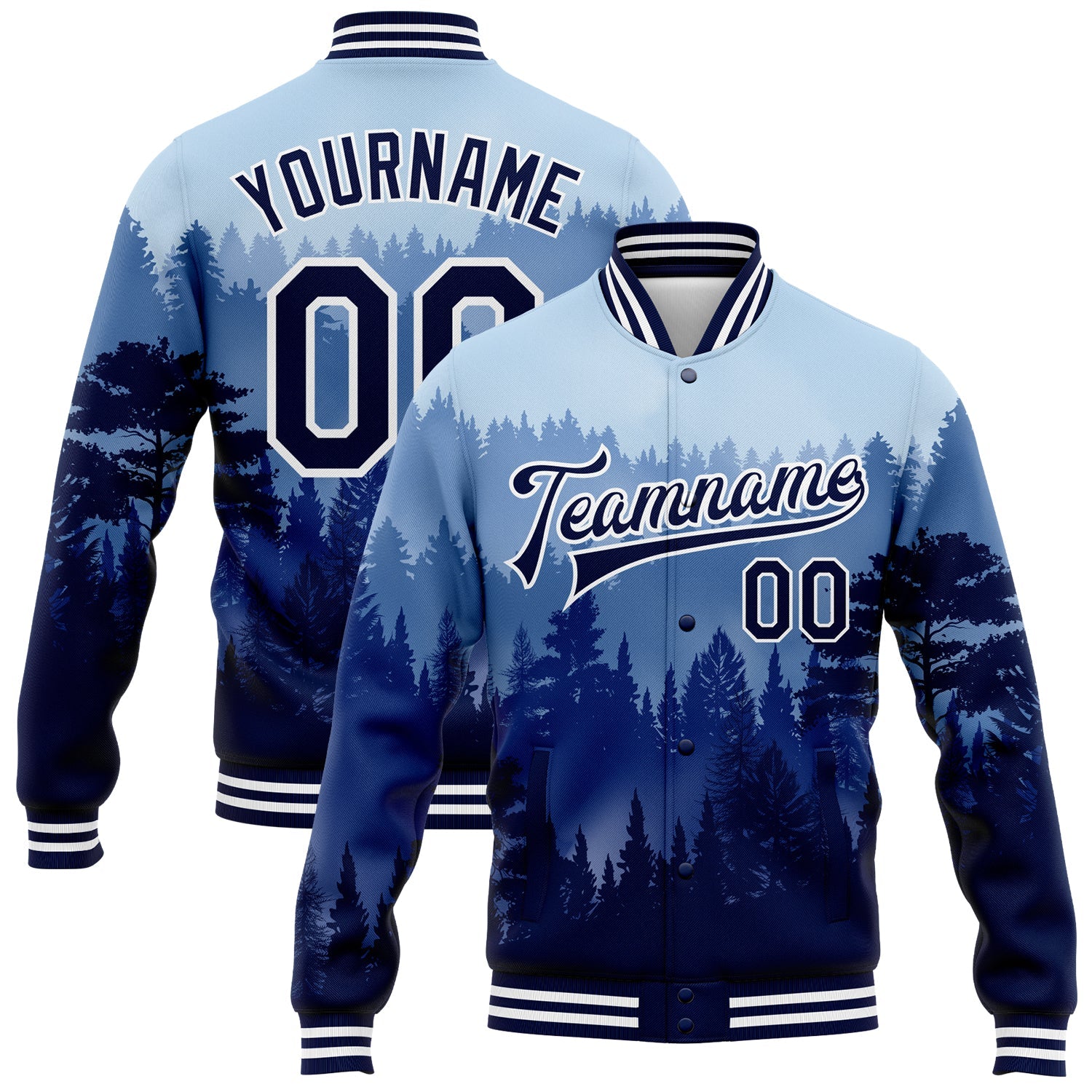 Custom Royal Navy-White Pine Forest With Fog 3D Pattern Design Bomber Full-Snap Varsity Letterman Jacket - Main View