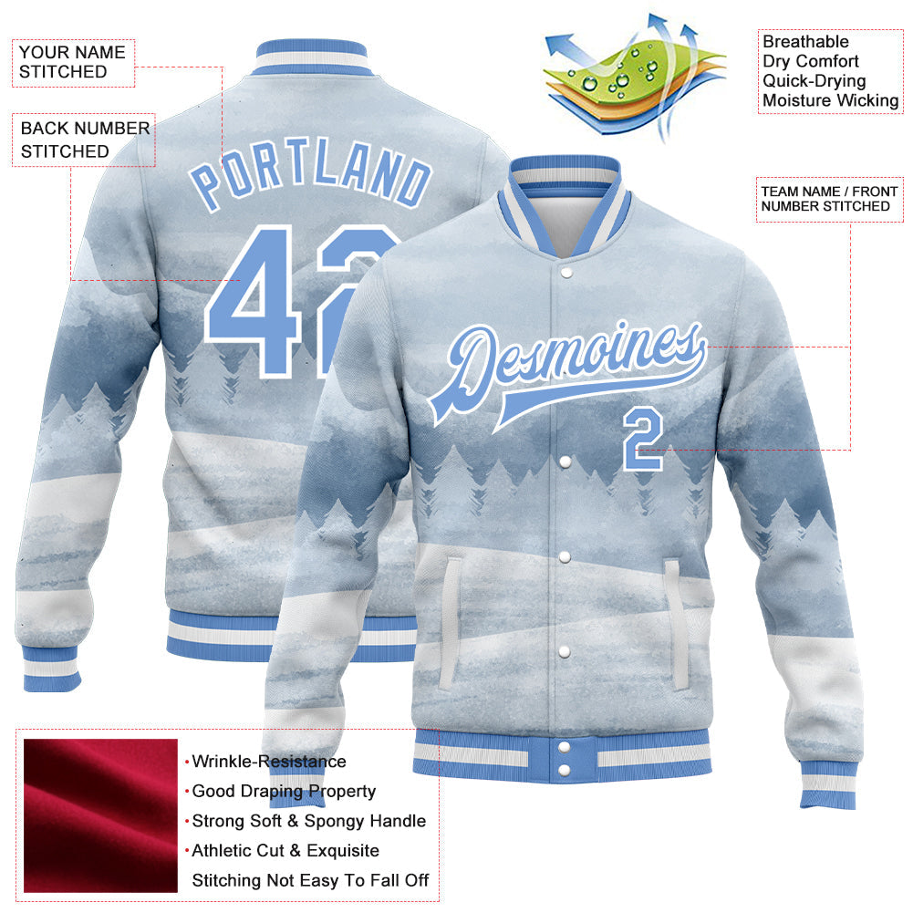 Custom White Light Blue Watercolor Winter Landscape With Snowy Trees 3D Pattern Design Bomber Full-Snap Varsity Letterman Jacket view 5