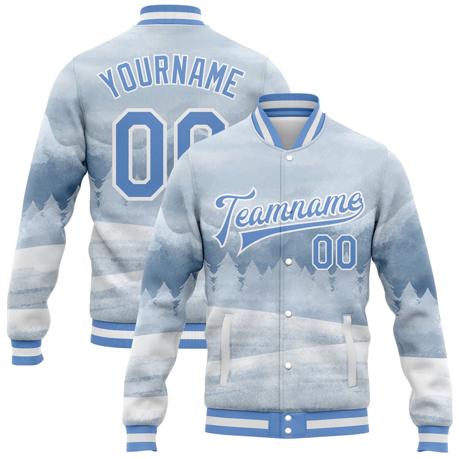 Custom White Light Blue Watercolor Winter Landscape With Snowy Trees 3D Pattern Design Bomber Full-Snap Varsity Letterman Jacket - Main View