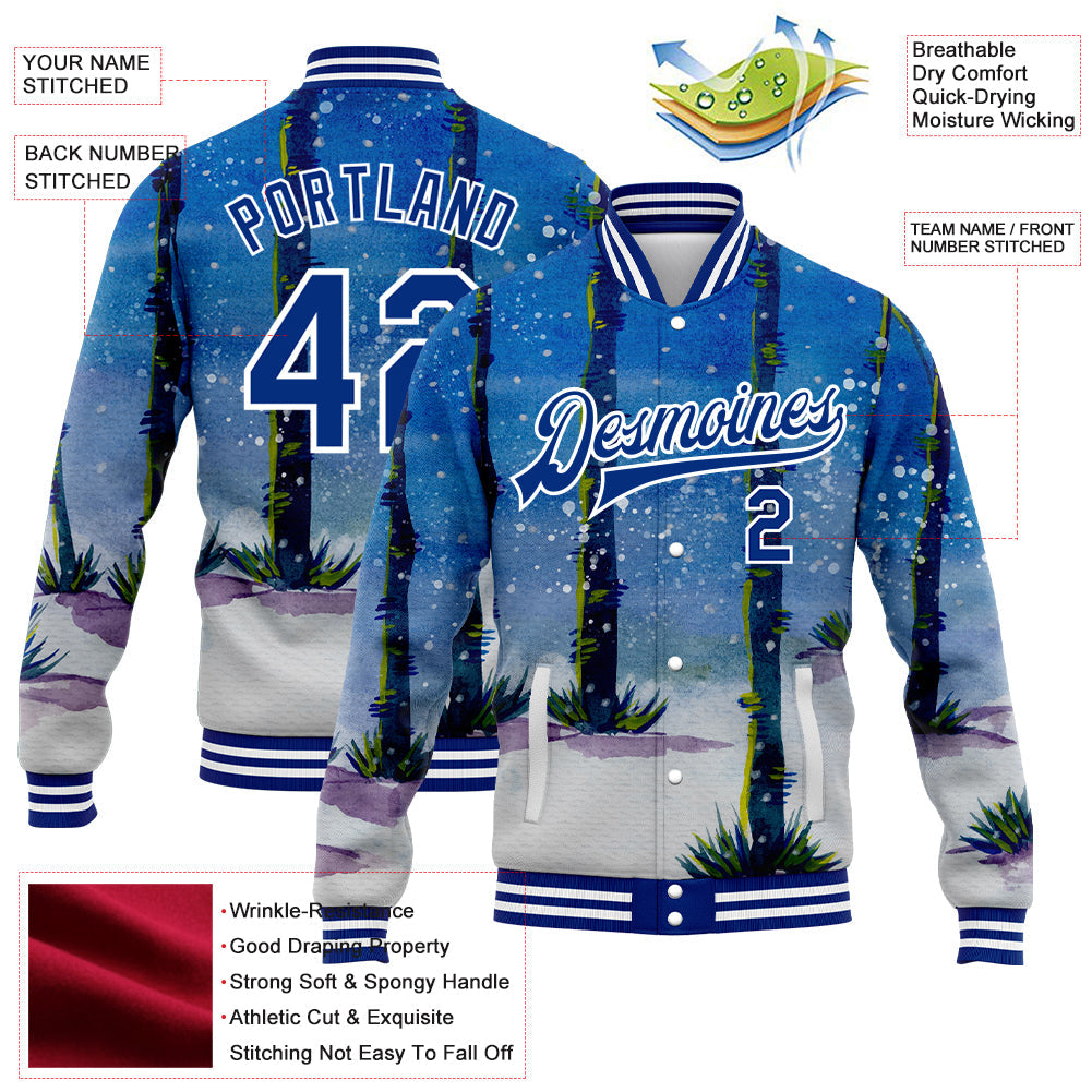 Custom Royal White Watercolor Forest With Trunks 3D Pattern Design Bomber Full-Snap Varsity Letterman Jacket view 5