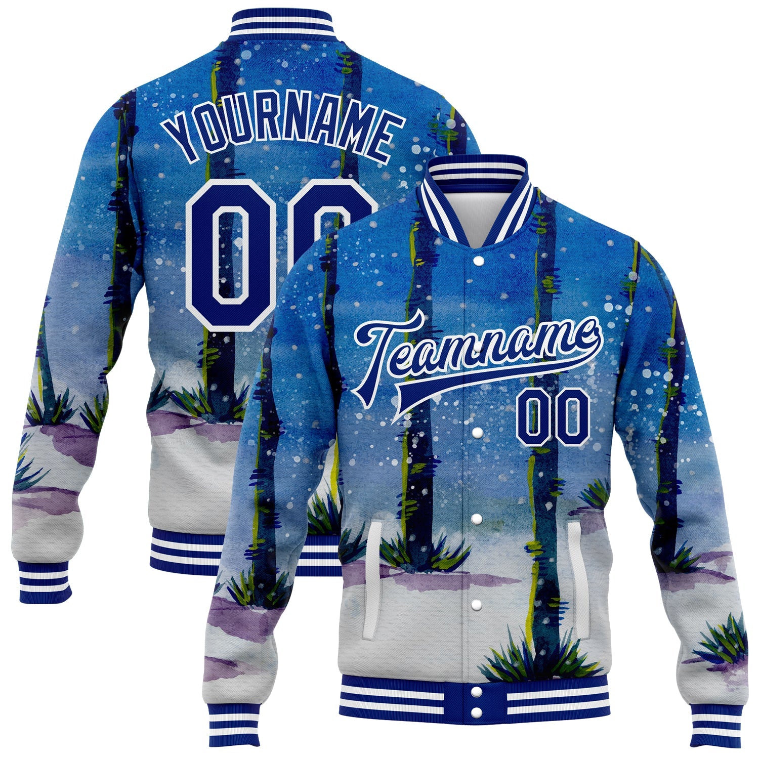 Custom Royal White Watercolor Forest With Trunks 3D Pattern Design Bomber Full-Snap Varsity Letterman Jacket - Main View