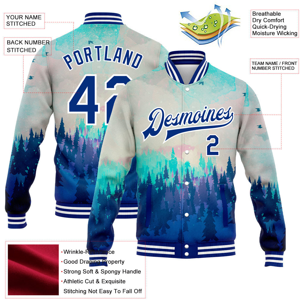 Custom Royal White Daylight Forest 3D Pattern Design Bomber Full-Snap Varsity Letterman Jacket view 5