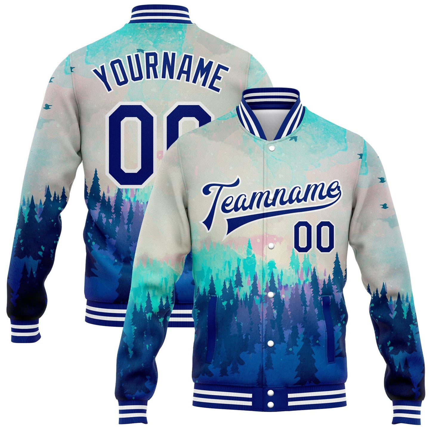 Custom Royal White Daylight Forest 3D Pattern Design Bomber Full-Snap Varsity Letterman Jacket - Main View