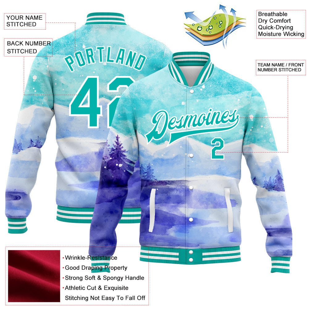 Custom Aqua White Winter Landscape With Watercolor Snowy Mountains And Trees 3D Pattern Design Bomber Full-Snap Varsity Letterman Jacket view 5