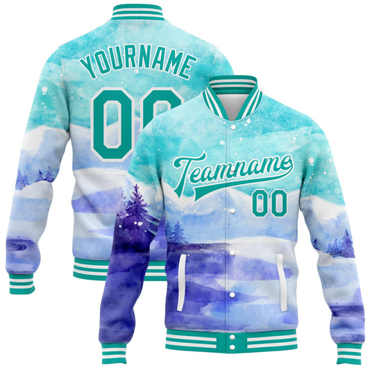 Custom Aqua White Winter Landscape With Watercolor Snowy Mountains And Trees 3D Pattern Design Bomber Full-Snap Varsity Letterman Jacket - Main View