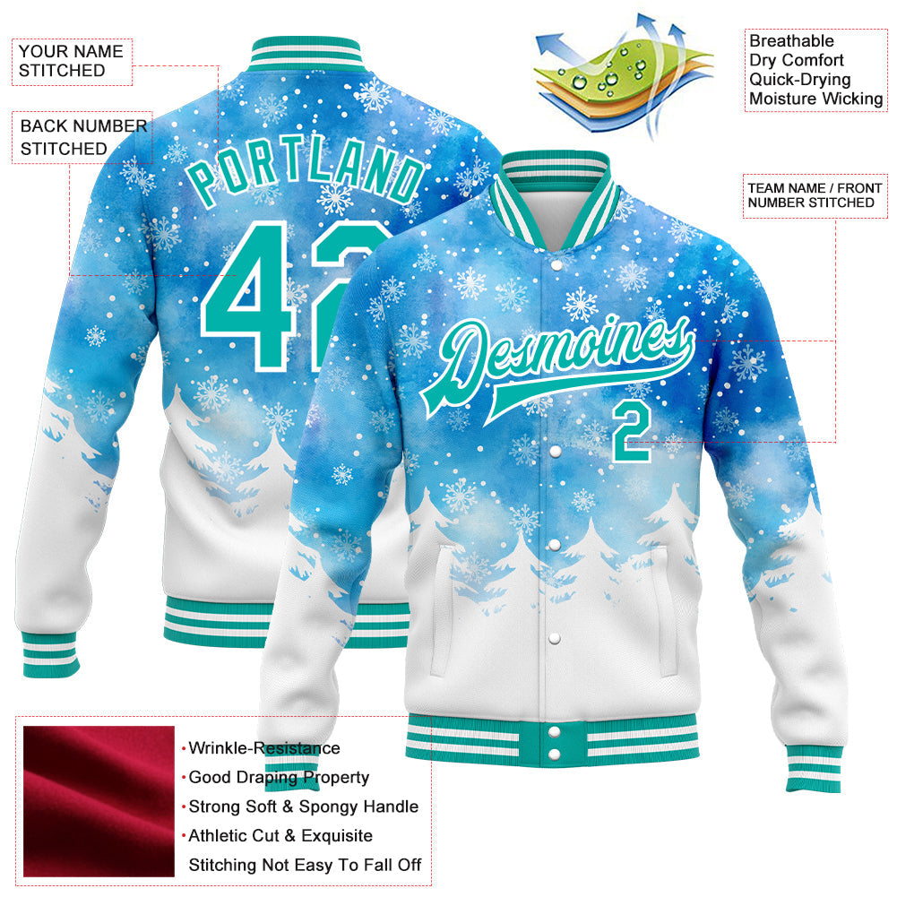 Custom Royal Aqua-White Watercolor Forest Winter Snow Landscape 3D Pattern Design Bomber Full-Snap Varsity Letterman Jacket view 5