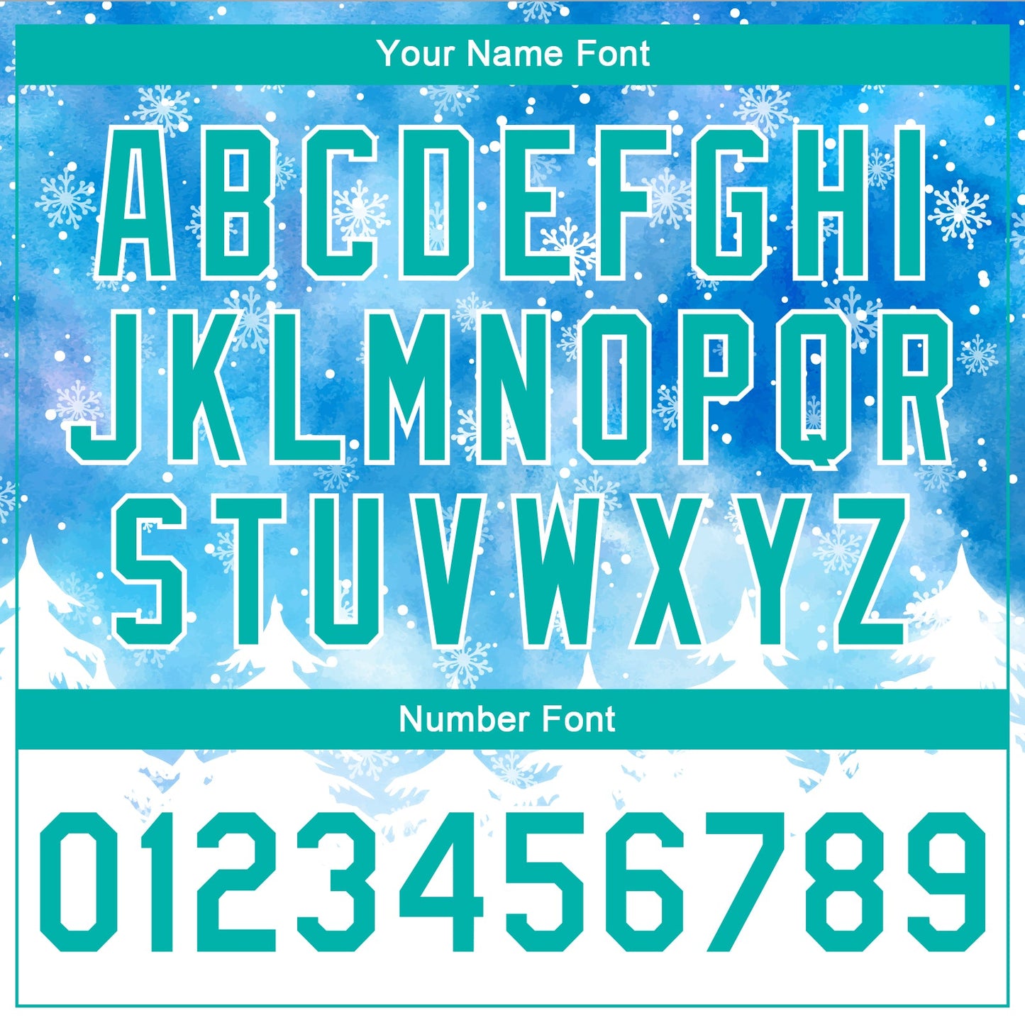 Custom Royal Aqua-White Watercolor Forest Winter Snow Landscape 3D Pattern Design Bomber Full-Snap Varsity Letterman Jacket view 7