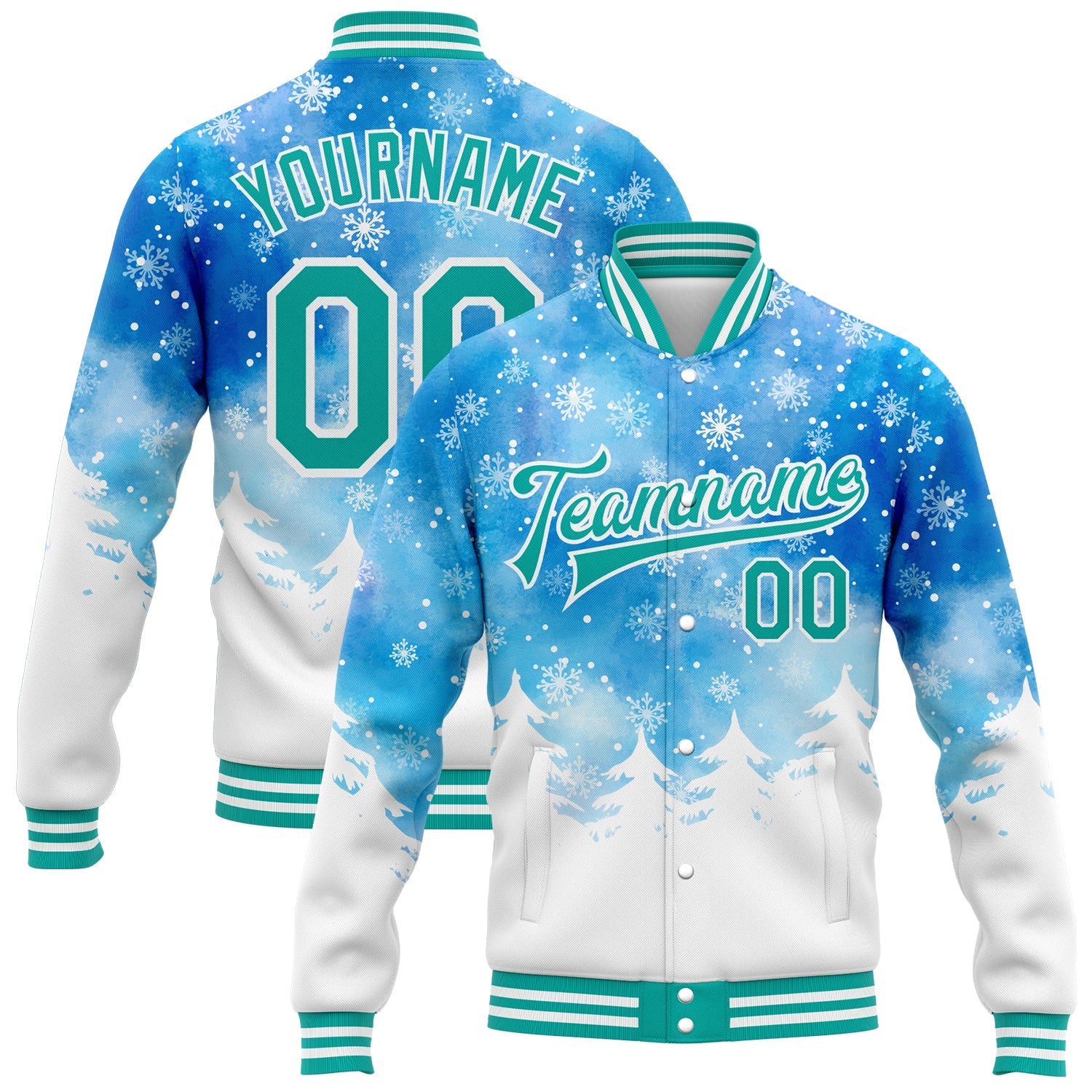Custom Royal Aqua-White Watercolor Forest Winter Snow Landscape 3D Pattern Design Bomber Full-Snap Varsity Letterman Jacket - Main View