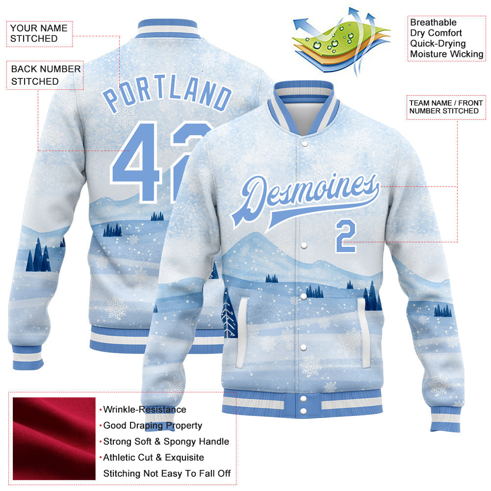 Custom White Light Blue Watercolor Winter Snow Landscape 3D Pattern Design Bomber Full-Snap Varsity Letterman Jacket view 5